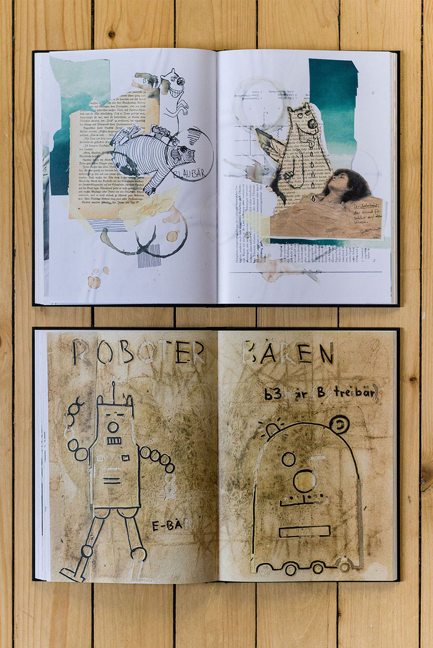 Das Bärenbuch gemütlich auf Holzboden - Das Bärenbuch, lustige Wortwitze mit Bären im Cartoon und Comicstil von Künstler, Illustrator und Autor Markus Wülbern